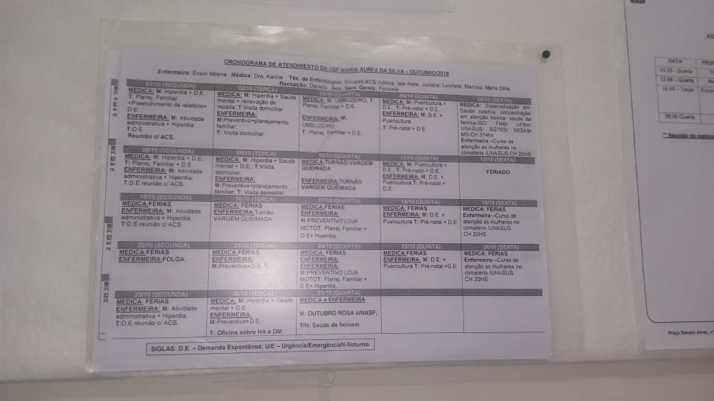Cronograma de atendimento da Unidade Básica de Saúde Maria Áurea - Novembro