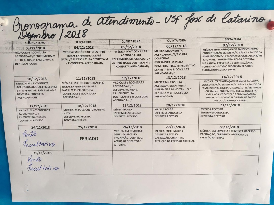 Cronograma de atendimento da Unidade Básica de Saúde José de Catarino - Dezembro